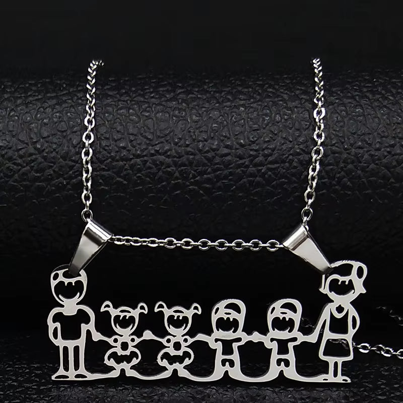 2024 Family Mum Dad and Two Boys Two Girl Stainless Steel Statement Necklace Women Silver Color Necklaces Jewerly Joyas N301S01
