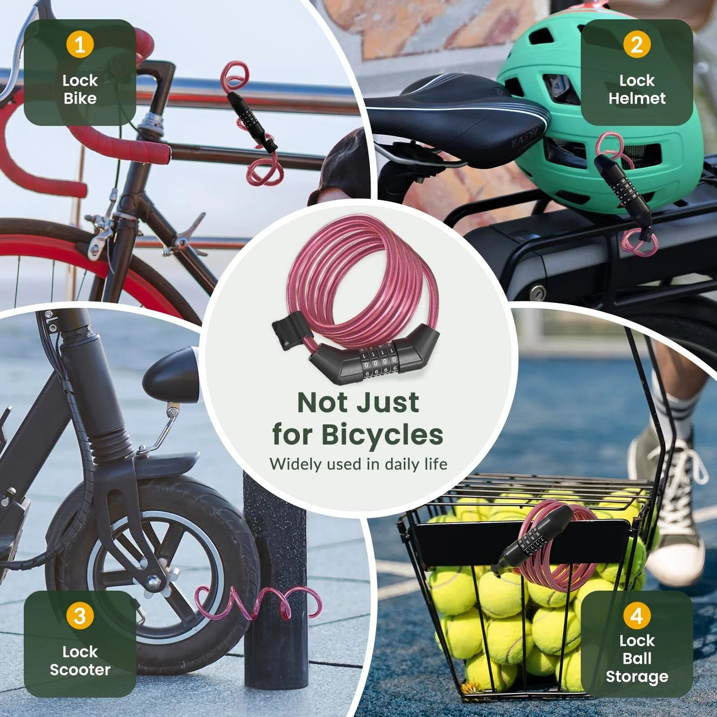 Bike Lock Cable, 4 Feet Combination Bicycle Cable Lock, Pink