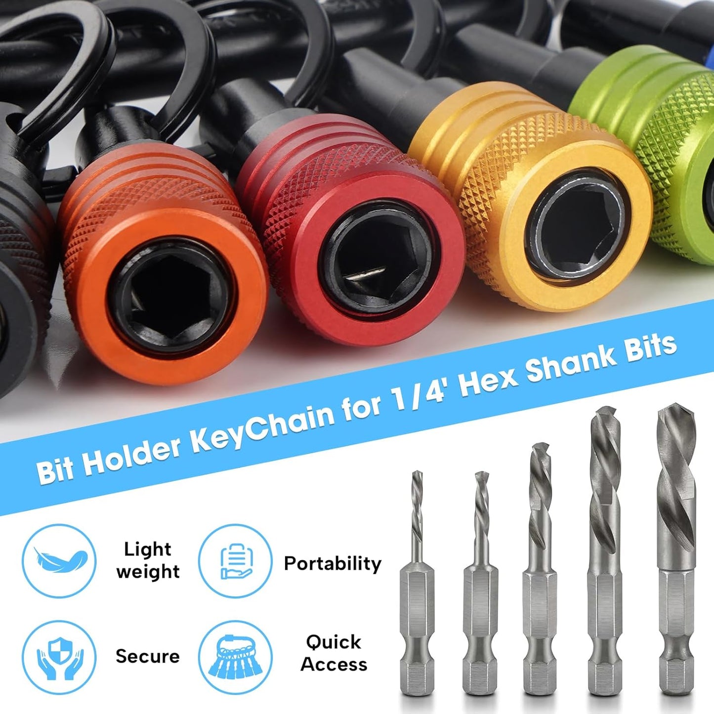 Upgraded 6PCS Bit Holders Keychain, 1/4 Inch Hex Shank Bit Holders, Quick-Change